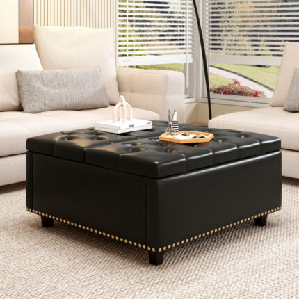 Storage Ottoman with Storage Doors - Black PU Leather Footstool for Living Room, Coffee Table Alternative, Mid-Century Modern Ottoman