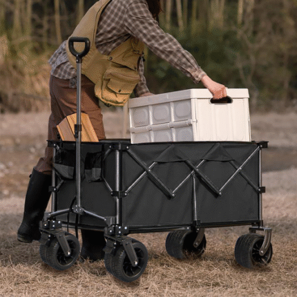 360lb Heavy-Duty Black Foldable Utility Wagon: All-Terrain Quiet Wheels, Adjustable Handle & Cup Holders - Ideal for Camping, Gardening, Picnics, Sports & Shopping