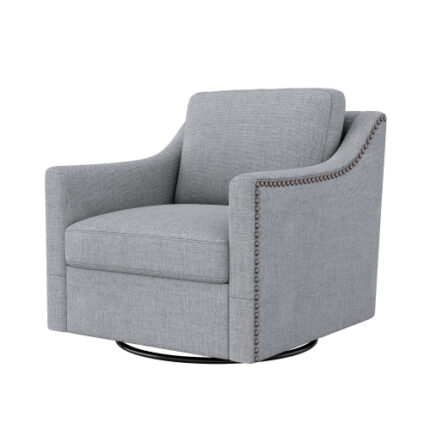 360° Swivel Armchair with Cotton Linen Fabric - Ergonomic Swivel Chair for Living Room & Bedroom, Decorative Brass Nails & Black Legs, Skin-Friendly Upholstery for Indoor Use