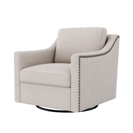 360° Swivel Armchair with Cotton Linen Fabric - Ergonomic Swivel Chair for Living Room & Bedroom, Decorative Brass Nails & Black Legs, Skin-Friendly Upholstery for Indoor Use