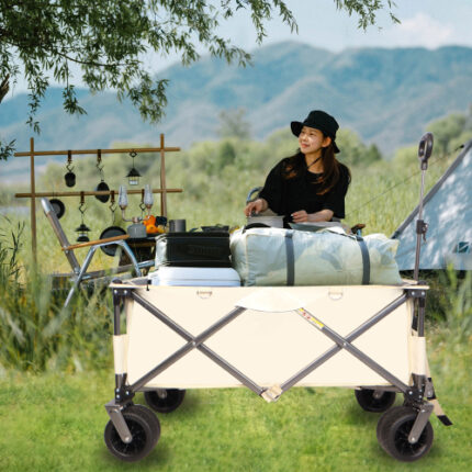 Heavy-Duty Folding Utility Wagon: All-Terrain Beach Cart with Oversized Wheels, Adjustable Handle & Integrated Drink Holders for Shopping, Camping, Gardening & Outdoor Adventures