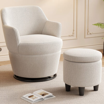360° Swivel Velvet Accent Chair with Ottoman - Convertible Beige/White Living Room Chair for Bedroom/Nursery/Vanity, Nail-Head Trim, Baby Glider Alternative
