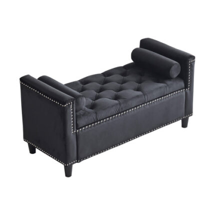 44.5-Inch Velvet Storage Bench with Button Tufting & Nailhead Trim - Queen-Size Upholstered Bench for Bedroom, Entryway & Living Room (Black) - Bedside Ottoman with Armrests