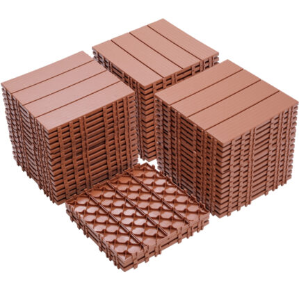 44-Pack Plastic Interlocking Deck Tiles - 12"x12" Outdoor Waterproof Flooring System (Mahogany, Durable All-Weather Decking for Patio/Garden/Poolside) - Easy Install, No Tools Required