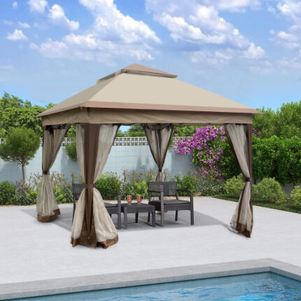 11Ft x 11Ft Coffee - Colored Outdoor Pop - Up Gazebo Canopy | 2 - Tier Soft Top, Removable Zipper Netting | Ideal for Patio, Backyard, Garden & Camping