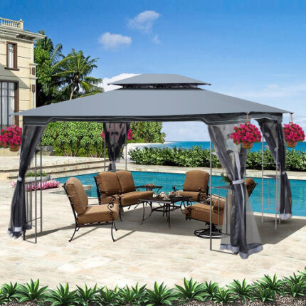 Gray 13x10 ft Outdoor Gazebo Canopy Tent | Dual-Vent Roof Design + Removable Mesh Walls | Bug-Free Shelter for Patio & Garden Events