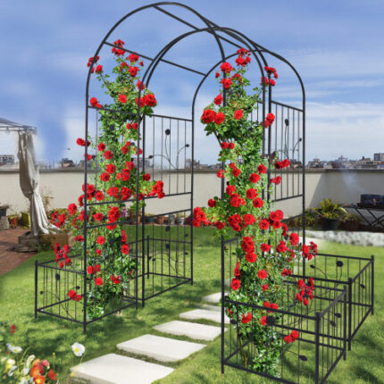 Adjustable Black Metal Garden Arch with Two Plant Stands - 79.5"W x 86.6"H (202x219cm) Climbing Plant Support Frame for Roses, Vines, and Outdoor Landscaping