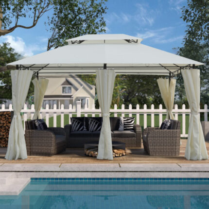 13x10 Ft Outdoor Gazebo Canopy Tent - Beige, Double Roof, Mosquito Net (Detachable), for Lawn, Garden, Backyard & Deck