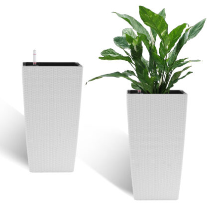 22.6 inch Indoor/Outdoor Square Planter in White Plastic, Modern Faux Rattan Design with Automatic Watering System, 2 - Pack for Professional and Home Garden Use​
