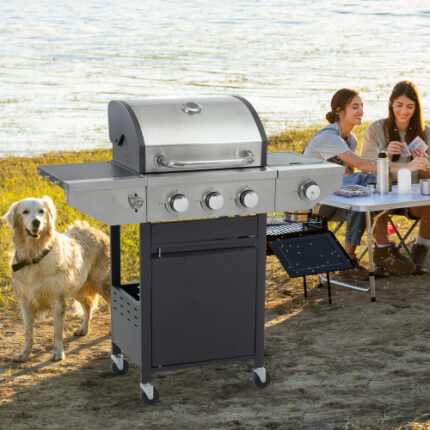 3-Burner Stainless Steel Propane Gas Grill with Side Burner - 37,000 BTU High-Power Outdoor Cooking, Ideal for Patio & Garden Barbecues, Black-Silver Finish