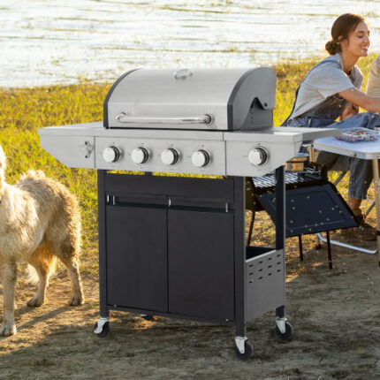 4-Burner Stainless Steel Propane Gas Grill with Side Burner – 46,500 BTU High-Powered Outdoor Cooking, Ideal for Patio & Garden Barbecues, Sleek Black-Silver Finish