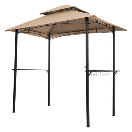 Khaki 8 x 5 Ft Grill Gazebo | Heavy-Duty Steel Frame Shelter Tent | Double-Tier Canopy with Hook & Bar Counter Features
