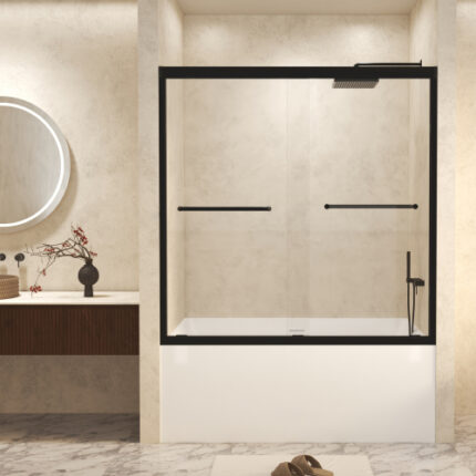 60" H x 56-60" W Matte Black Double Sliding Shower Door with Tempered Glass (1/4" Thick, Explosion-Proof Film), Aluminum Frame & Stainless Steel Handle