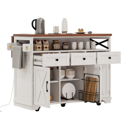 K&K 46.5'' Farmhouse-Style Rolling Kitchen Island Cart with Beaded Drape, Power Outlet & Drop Leaf – 3 Doors, 3 Drawers, Internal Iron Shelf – White for Kitchen & Dining Room