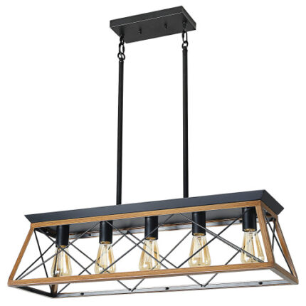 32" Walnut & Metal Industrial Chandelier - Adjustable 5-Light Cage Pendant for Kitchen Island, Dining Room & Living Room (No Bulbs Included)