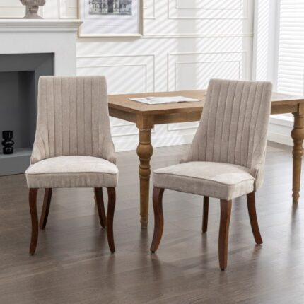2-Pack Beige Rayon Cloth Flocking Linen Dining Chairs - Upholstered Fabric Accent Chairs with Curved Solid Wood Legs for Kitchen & Dining Room - Comfy Channel Tufted Design, SW1847BG