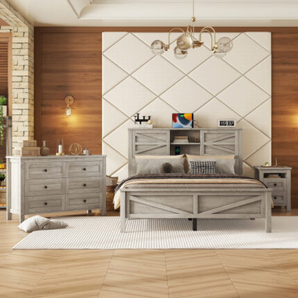 3-Piece Queen Size Farmhouse Bedroom Set - Antique Gray Platform Bed with Double Sliding Door Storage Headboard & Charging Station, Matching Nightstand & Dresser