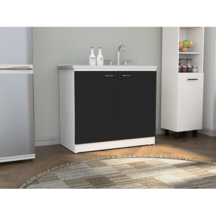 Napoles Double-Door Utility Sink Cabinet with Shelf – White & Black Finish