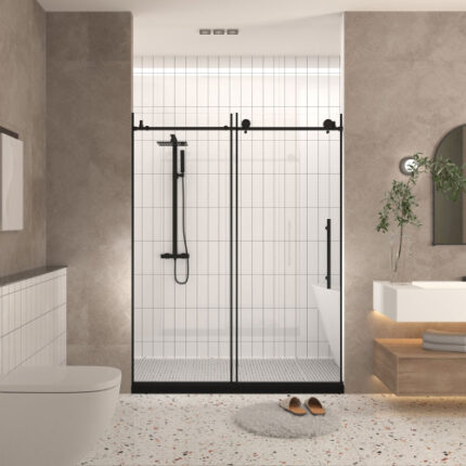 Frameless Shower Door 60"W x 76"H - 1/4"(6mm) Clear Tempered Glass with Explosion-Proof Film, Stainless Steel Handle, Matte Black Finish