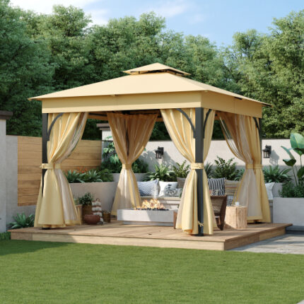 TREXM 10'x10' Outdoor Gazebo Tent –ouble Roof, Mosquito Netting & Privacy Screens – Beige Patio Canopy for All-Weather Shade & Rain in Backyard, Garden, Lawn & Deck