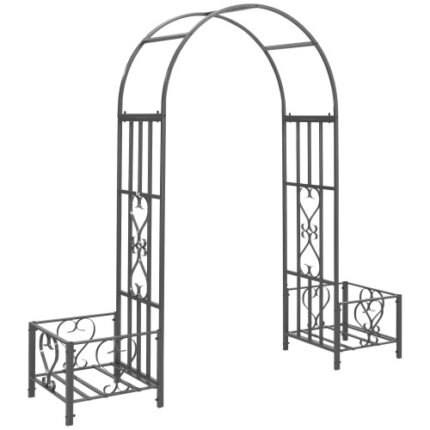Outsunny 6.7' Dark Gray Steel Garden Arch Arbor with Decorative Scrollwork Hearts & Planter Boxes – Perfect for Climbing Vines, Weddings, Ceremonies, and Backyard Decor