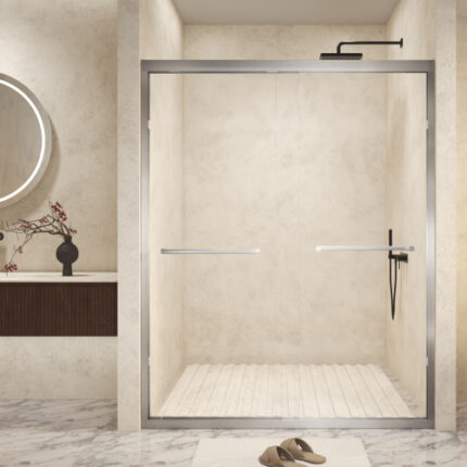 56-60" W x 72" H Double Sliding Shower Door with Tempered Glass (1/4" Thick, Explosion-Proof Film), Brushed Nickel Aluminum Frame & Stainless Steel Handle