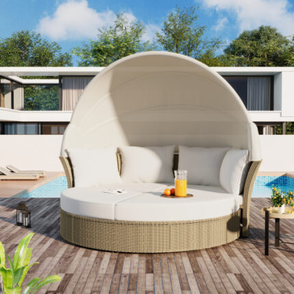 Premium Wicker Rattan Double Daybed with Retractable Canopy - 4 Pillows Included, Outdoor Patio Sofa Set for Lawn, Garden, Backyard & Pool Area (Beige)