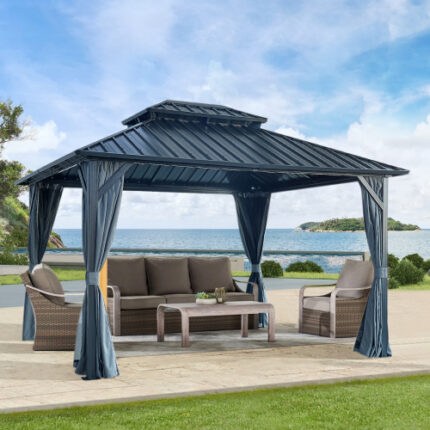 Sturdy Aluminum 12' X 12' Hardtop Gazebo | Galvanized Steel Double Roof, Curtains & Netting — Perfect for Lawn, Patio & Garden