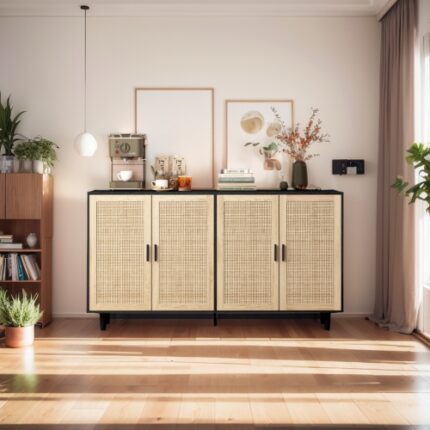 62.20"H Rattan Decorative 4-Door Storage Cabinet - Elegant & Functional for Bedroom, Living Room & Office - Easy Assembly, Black