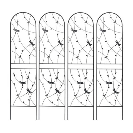 4-Pack Heavy-Duty Rustproof Black Metal Garden Trellis - 86.7" x 19.7" (220x50cm) Premium Climbing Plant Support Frame for Outdoor Gardens, Roses & Vines - Decorative Dragonfly Accent Design, Space-Efficient Multi-Panel Setup