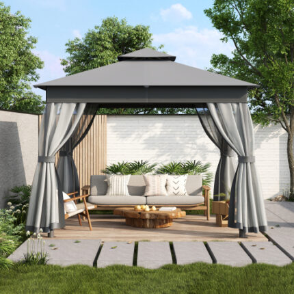 Grey TREXM 10x10 Patio Gazebo Tent | Double Roof Design for UV Protection & Ventilation | Mosquito Netting | Ideal for Backyard, Lawn, Deck & Garden