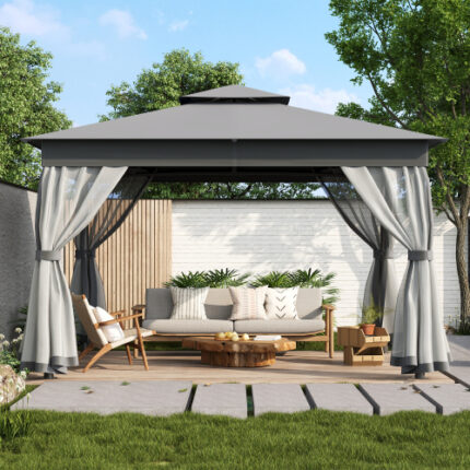 TREXM 10'x12' Outdoor Gazebo Tent – Double Roof, Mosquito Netting – Grey Patio Canopy for Shade & Rain in Backyard, Garden, Lawn & Deck